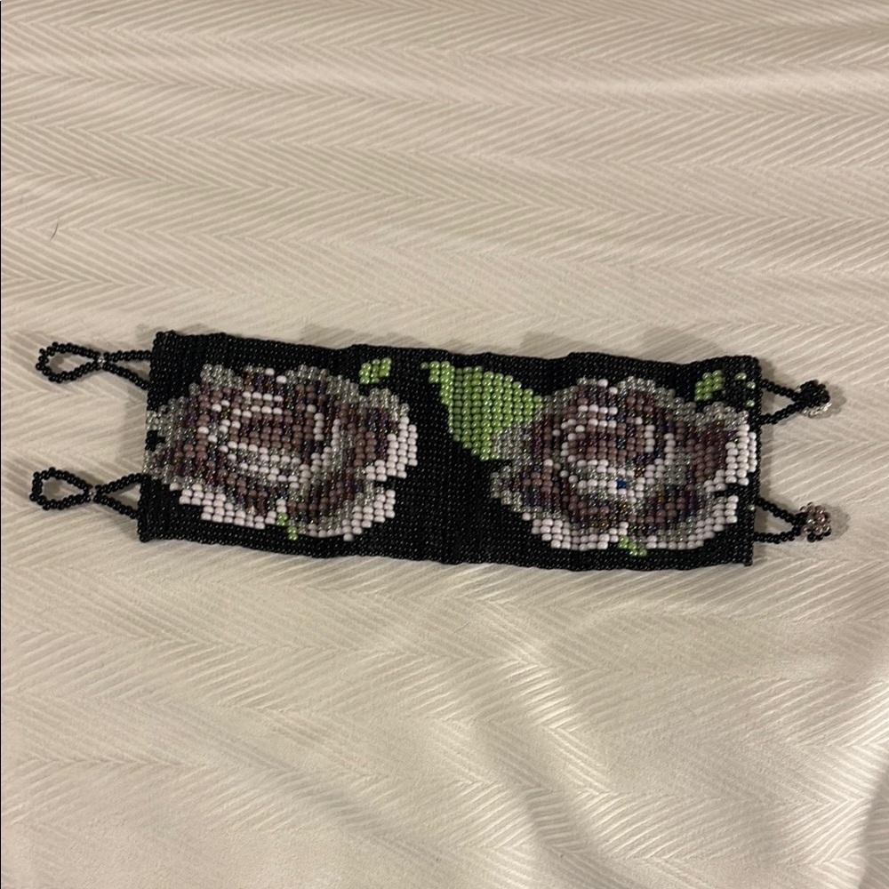 Elegant Black Beaded Floral Bracelet hand beaded